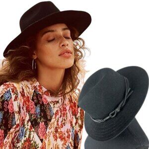 Anthropologie Laine Black Hat Rancher Style Open Weave Cotton Braid Trim Western